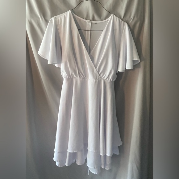 Dresses & Skirts - Flutter Sleeve White Mini Dress - Elegant V-Neck